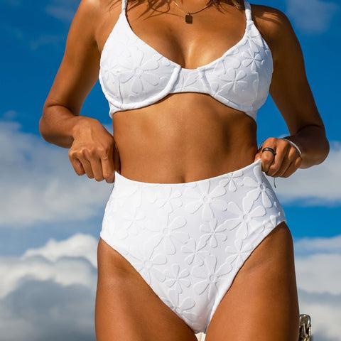 The Santorini - White Floral Jacquard High Waist Bikini Bottom Product Image