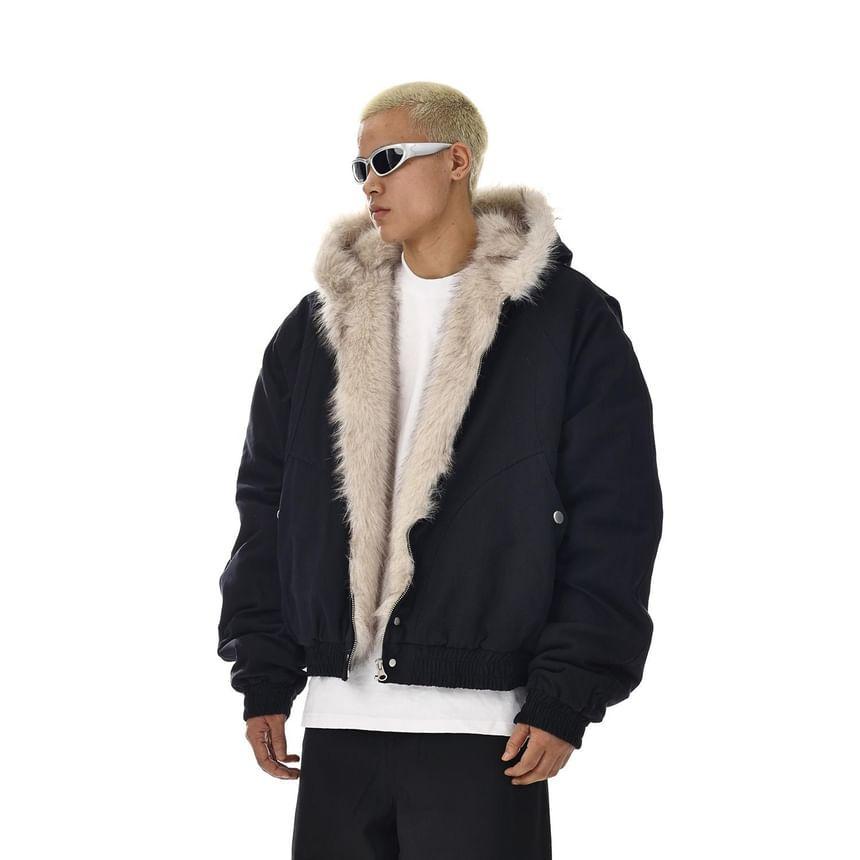 Fluffy Hooded Plain Oversized Bomber Jacket Product Image