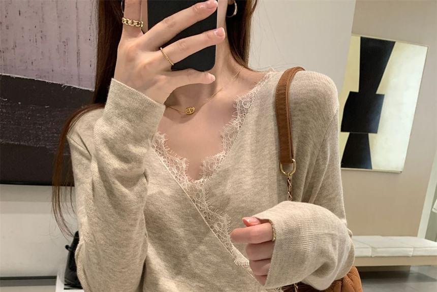 Long-Sleeve V-Neck Plain Wrap Lace Trim Knit Top Product Image