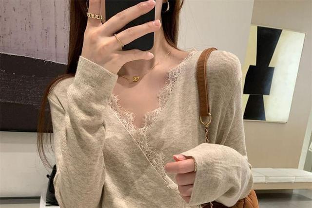 Long-Sleeve V-Neck Plain Wrap Lace Trim Knit Top Product Image