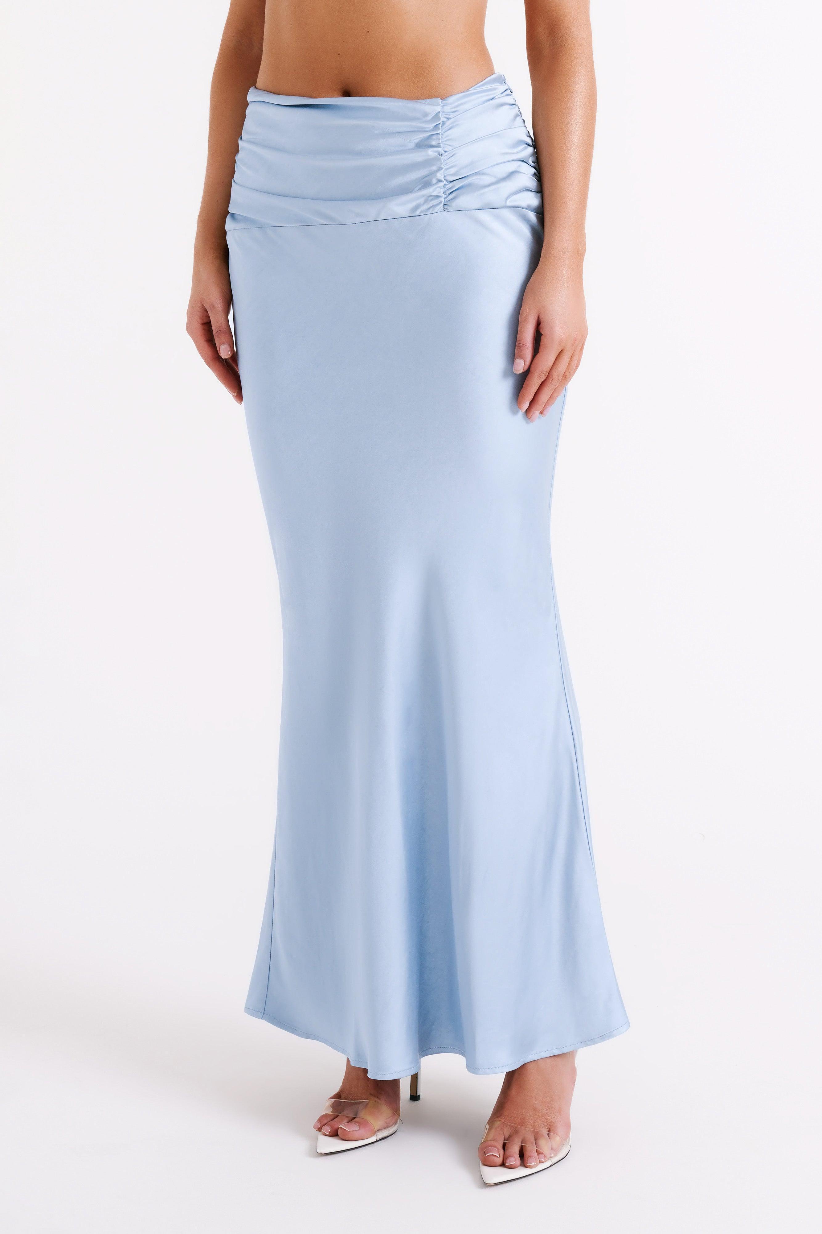 Khalani Ruched Satin Maxi Skirt - Ice Blue Product Image