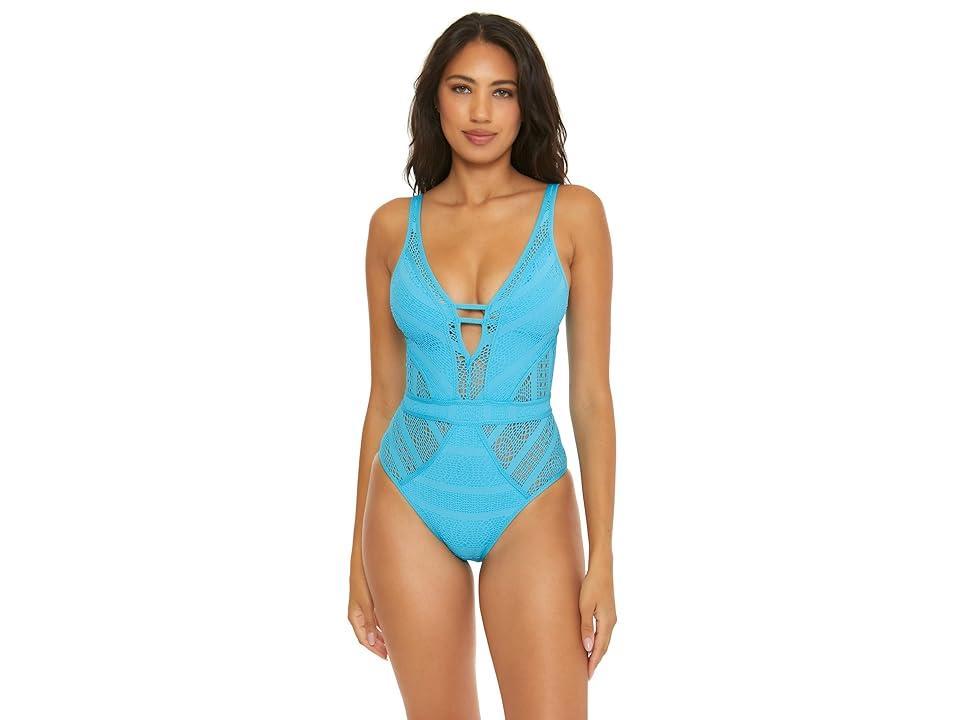 BECCA Color Play Crochet Plunge One-Piece (Crystal Seas) Women's Swimsuits One Piece Product Image