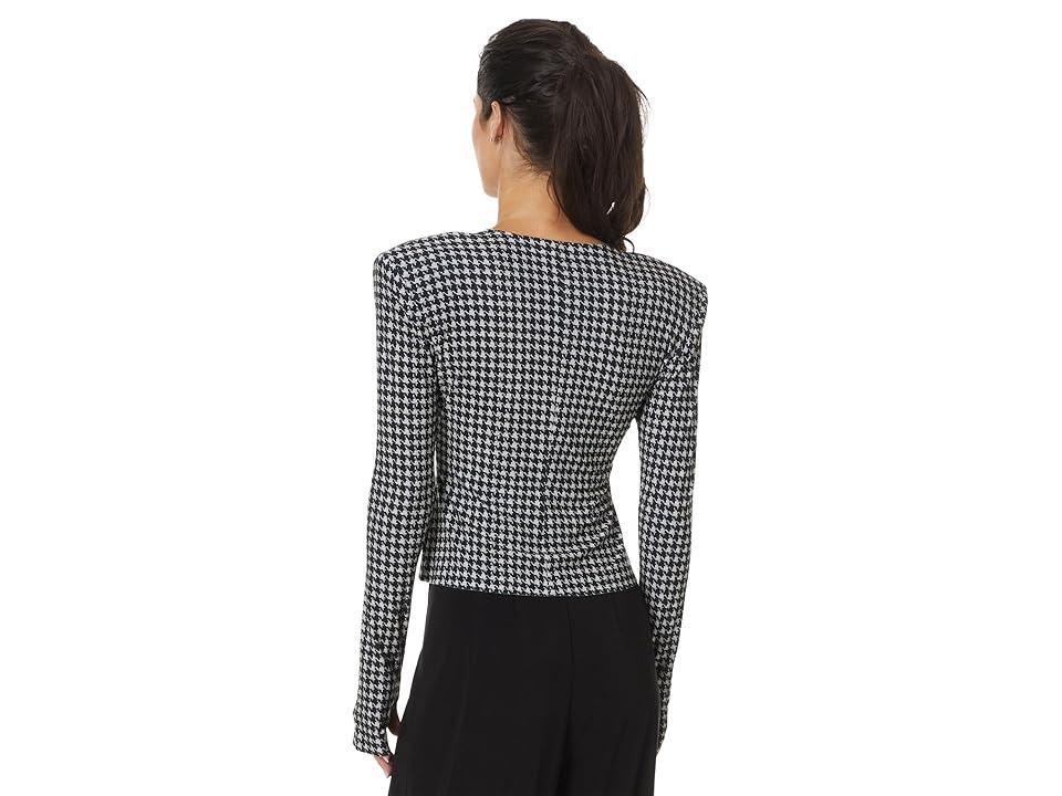 Norma Kamali Long Sleeve Shoulder Pad V-Neck Top (Large Houndstooth) Women's Clothing Product Image