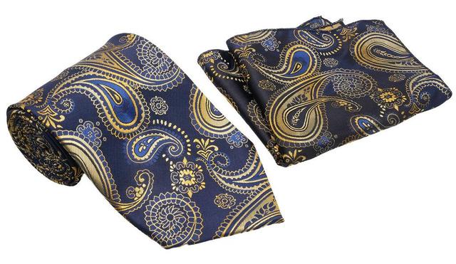 Navy Gold Paisley Pattern Men's Classic Tie and Pocket Square Set Product Image