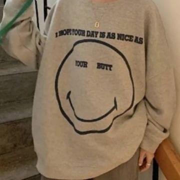 Round Neck Lettering Smiley Face Print Oversized Pullover Product Image