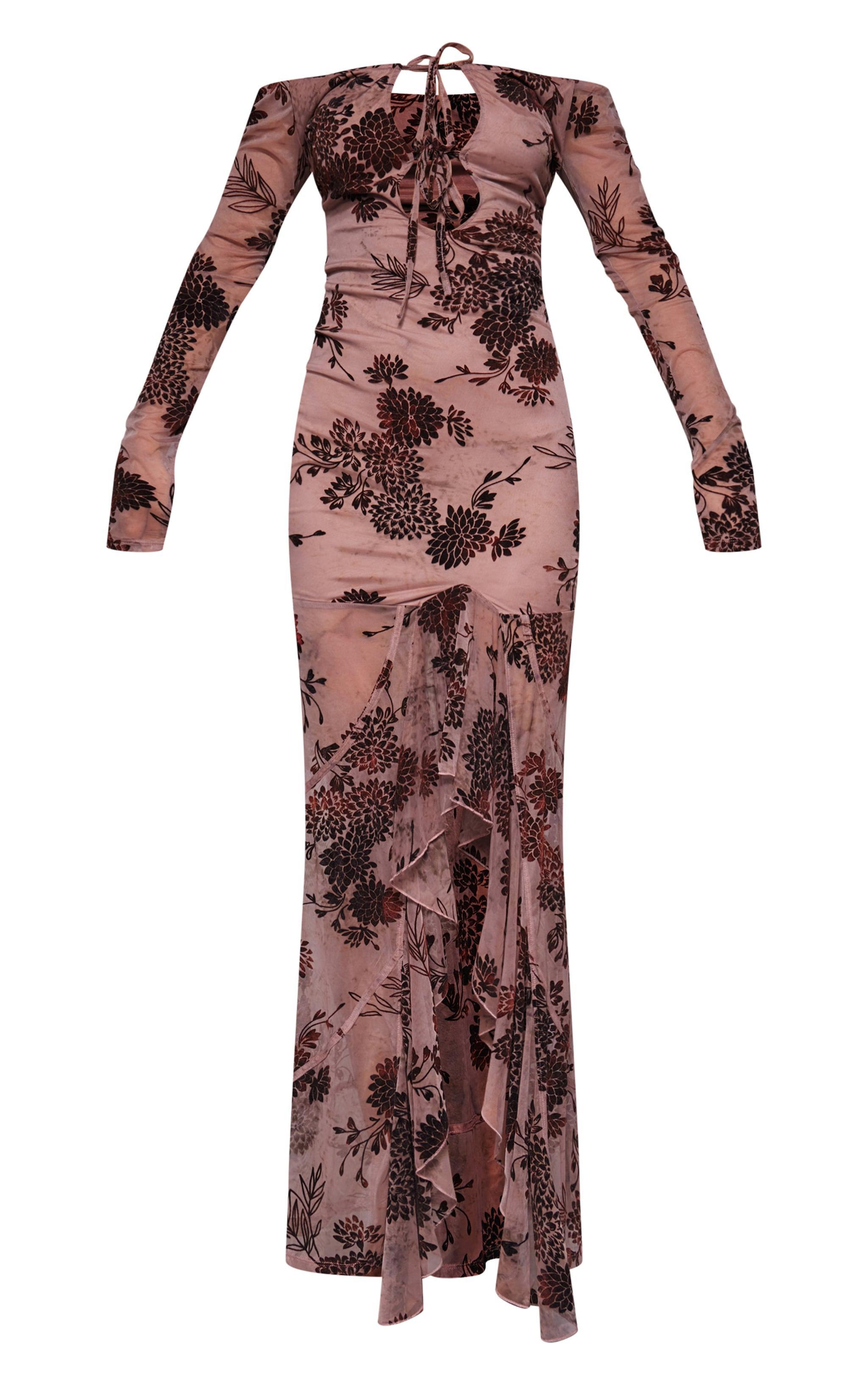 Brown Floral Print Devore Off The Shoulder Long Sleeve Maxi Dress Product Image