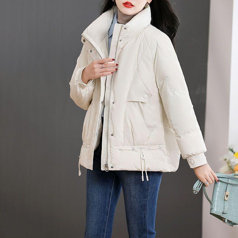 Stand Collar Plain Drawstring Zip Puffer Jacket Product Image