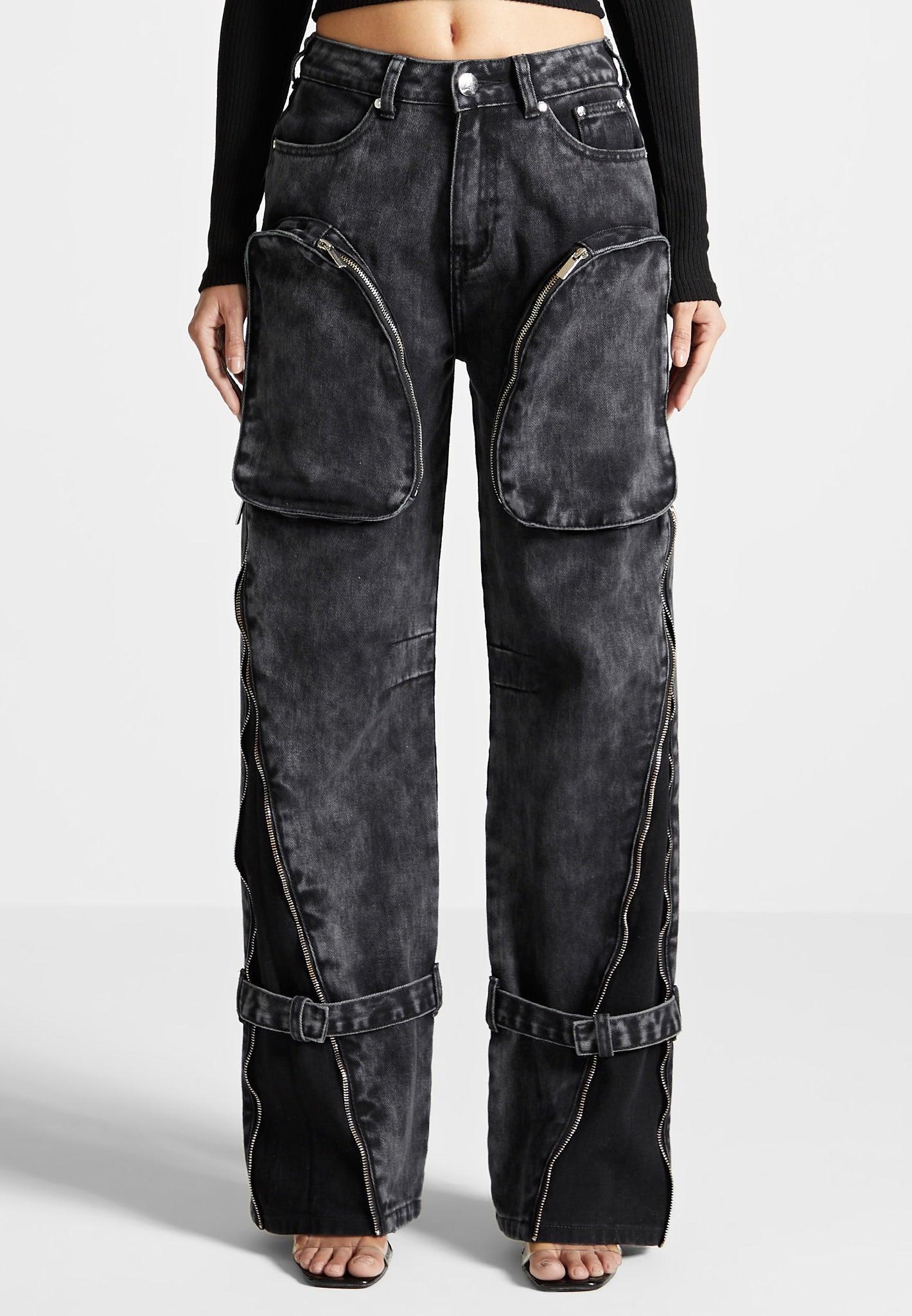 Zip Detail Denim Cargo Pants - Washed Black Female product image