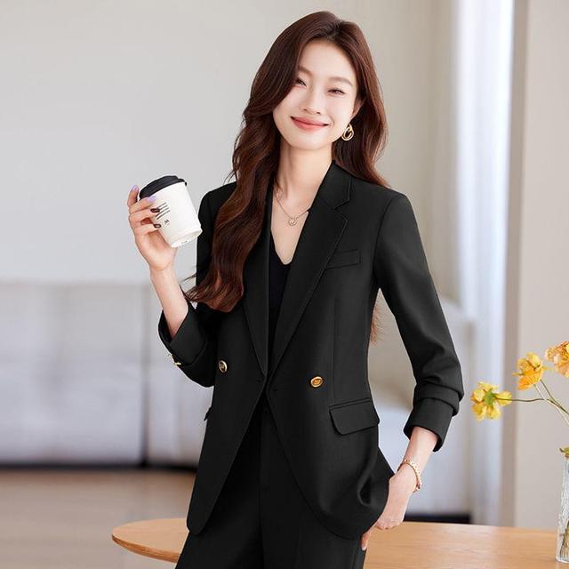 Notch Lapel Plain Double-Breasted Blazer / High Waist Straight Leg Dress Pants / Set Product Image