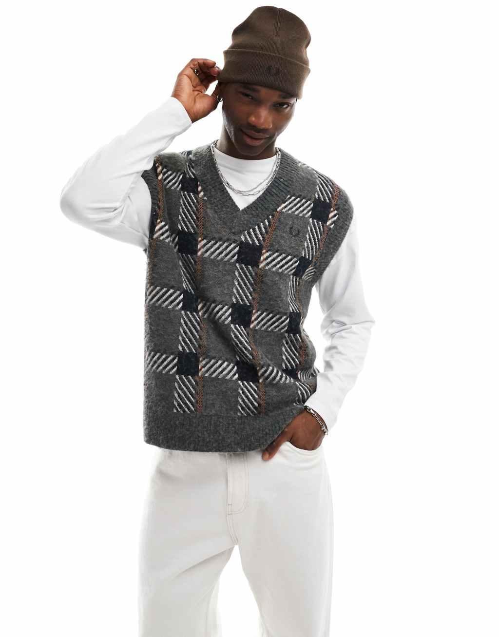 Fred Perry knitted check vest in gray  product image