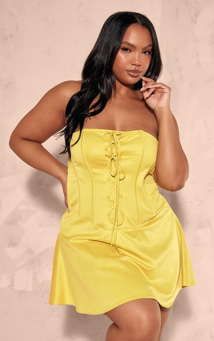 Plus Chartreuse Satin Corset Bandeau Shift Dress Product Image