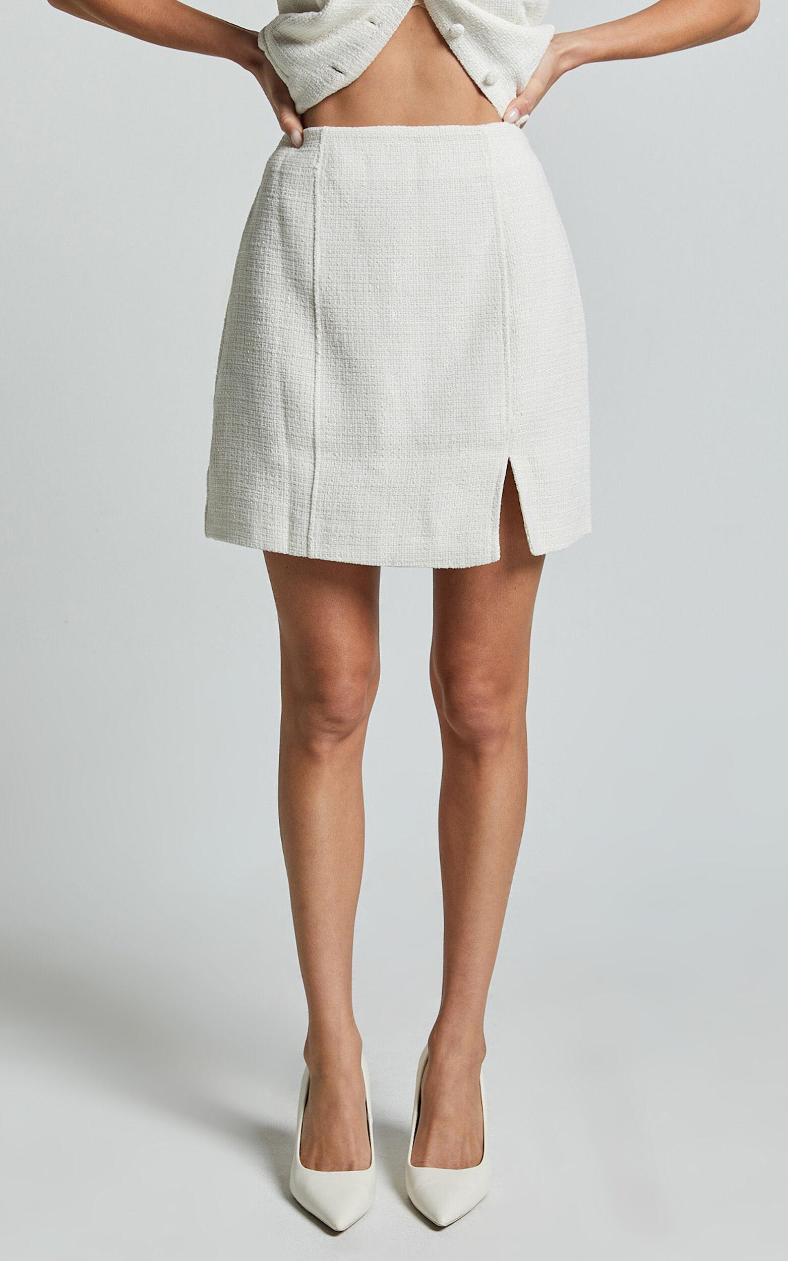 Iggy Mini Skirt - High Waist Split Boucle Skirt in Cream Product Image