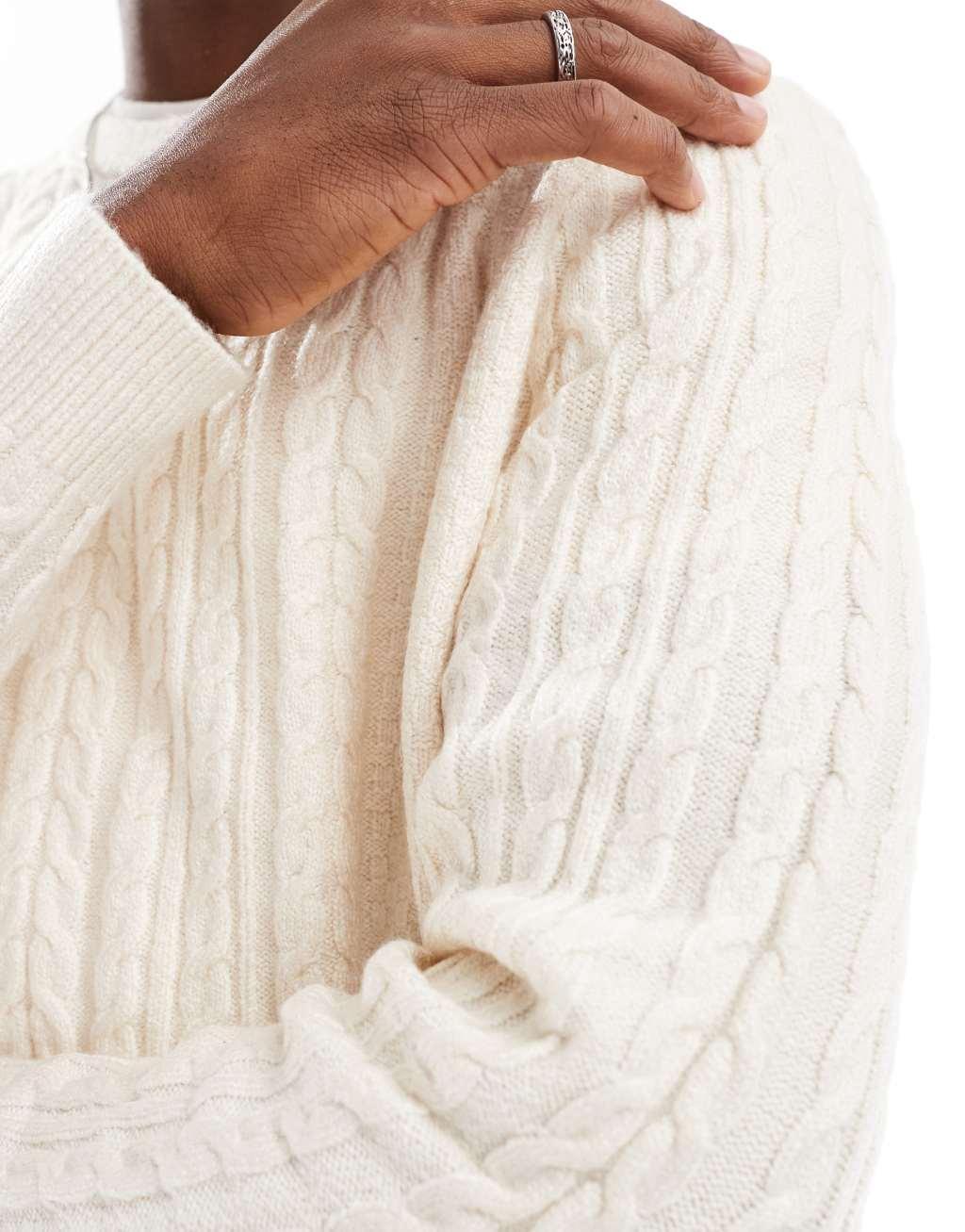 ASOS DESIGN relaxed slouchy crew neck cable knit sweater in white Product Image