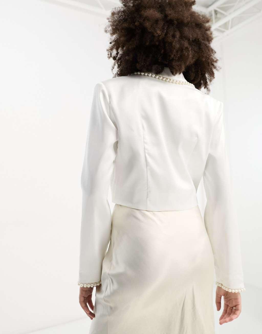 Extro & Vert Bridal cropped blazer with pearl trim - part of a set-White Product Image