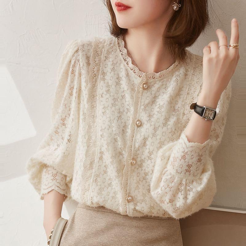 Long Sleeve Round Neck Plain Faux Pearl Button Lace Blouse Product Image