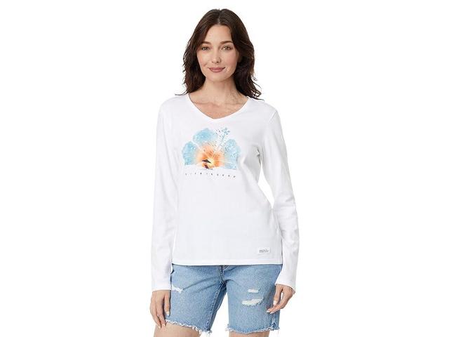 Life is Good Hibiscus Beach Watercolor Long Sleeve Crusher Vee (Cloud ) Women's Clothing Product Image