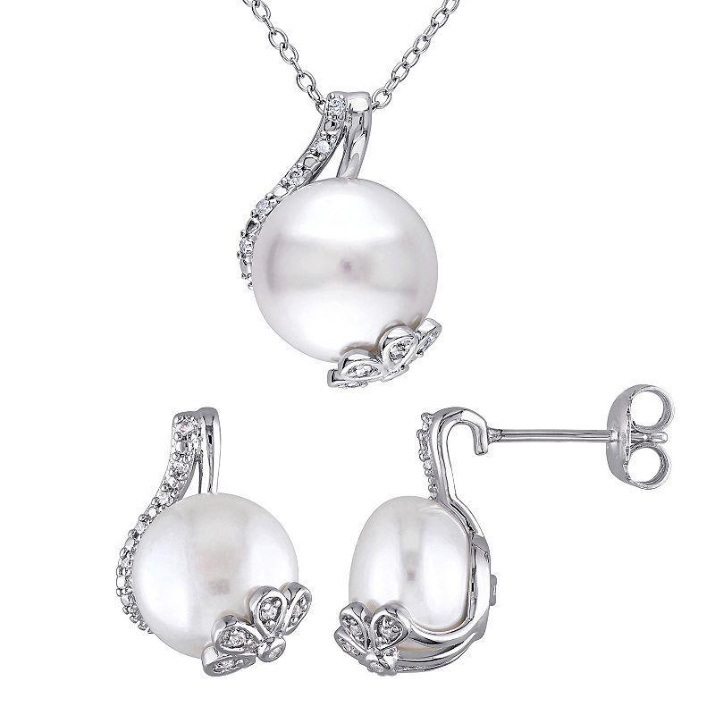 Stella Grace Sterling Silver Freshwater Cultured Pearl & 1/5 Carat T.W. Diamond Pendant & Earring Set, Womens Product Image