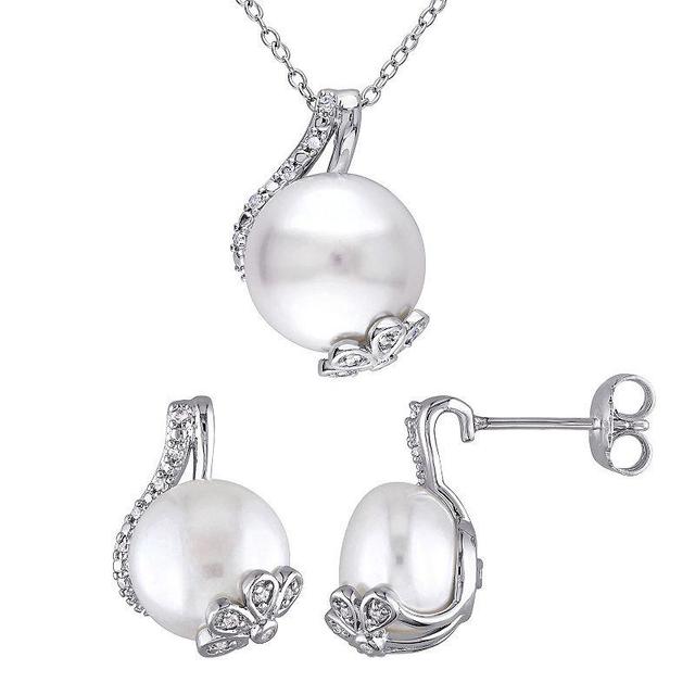 Stella Grace Sterling Silver Freshwater Cultured Pearl & 1/5 Carat T.W. Diamond Pendant & Earring Set, Womens White Product Image