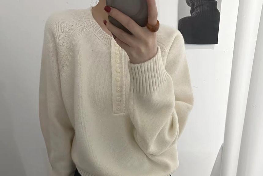 Crew Neck Plain Half-Buttoned Sweater Product Image