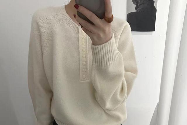 Crew Neck Plain Half-Buttoned Sweater Product Image