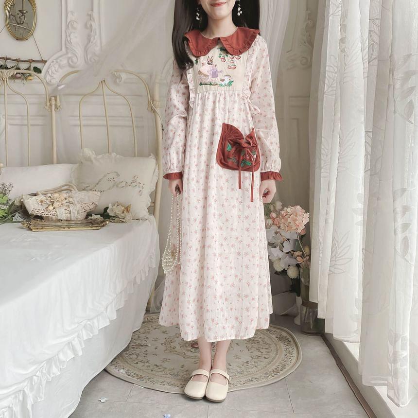 Long-Sleeve Peter Pan Collar Floral Print Rabbit Embroidered Frill Trim Midi A-Line Dress Product Image