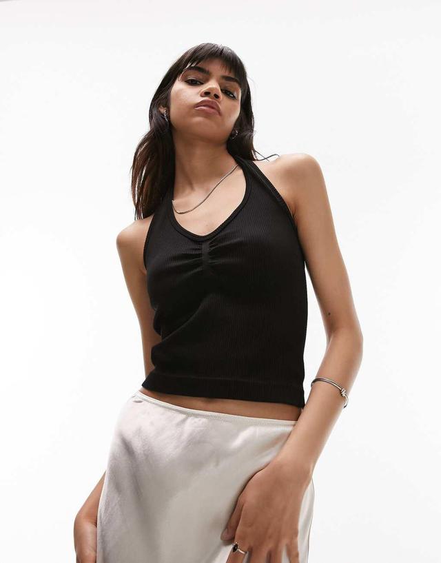 Topshop seamless ruched front halter top in black Product Image