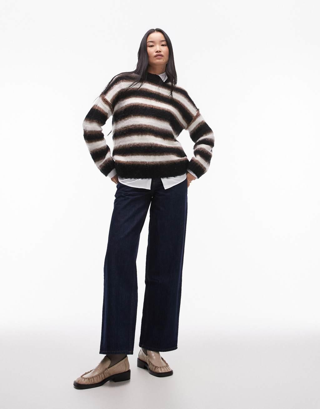 Topshop knitted neutral stripe oversized sweater in black and brown Product Image