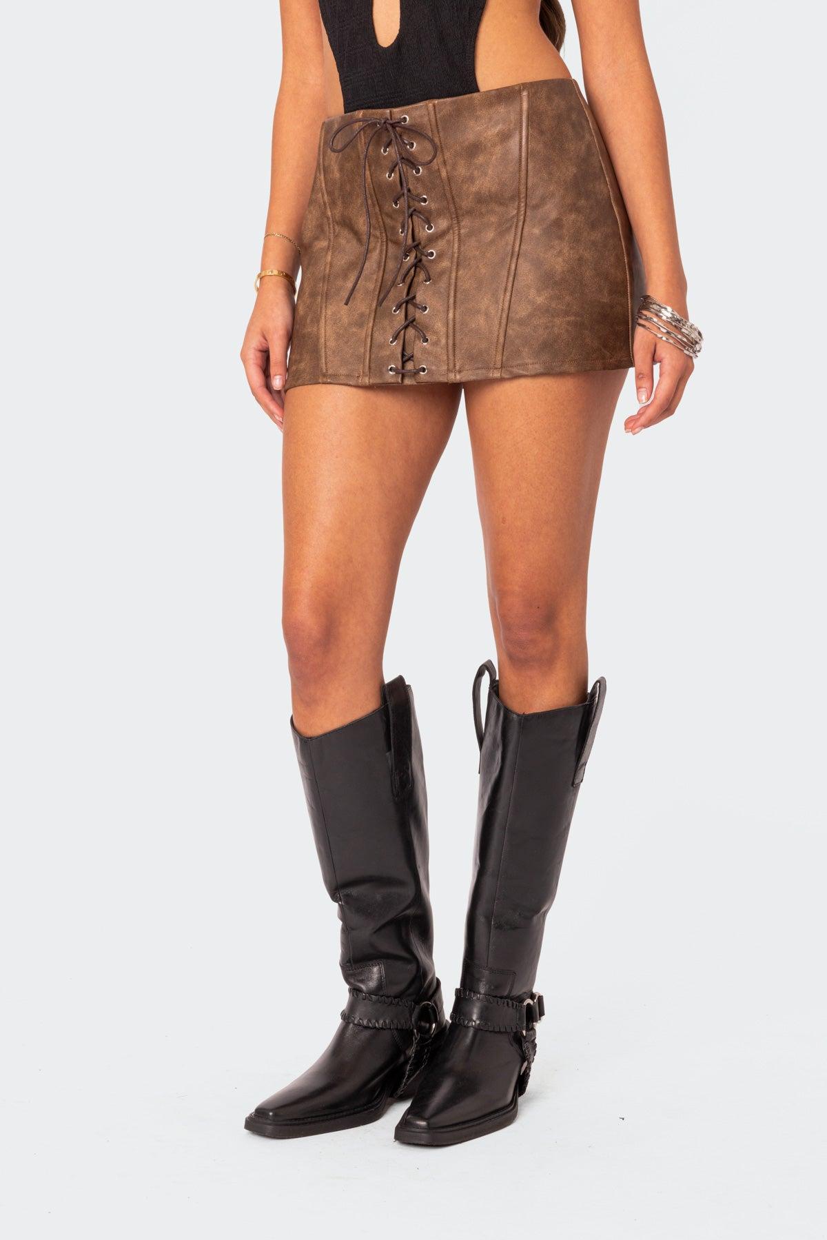 Ainsley Lace Up Faux Leather Mini Skirt Product Image