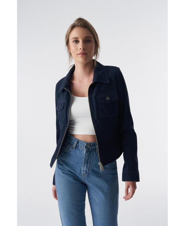 Furniq Uk Womens Denim Style Zipper Suede Jacket Navy Product Image