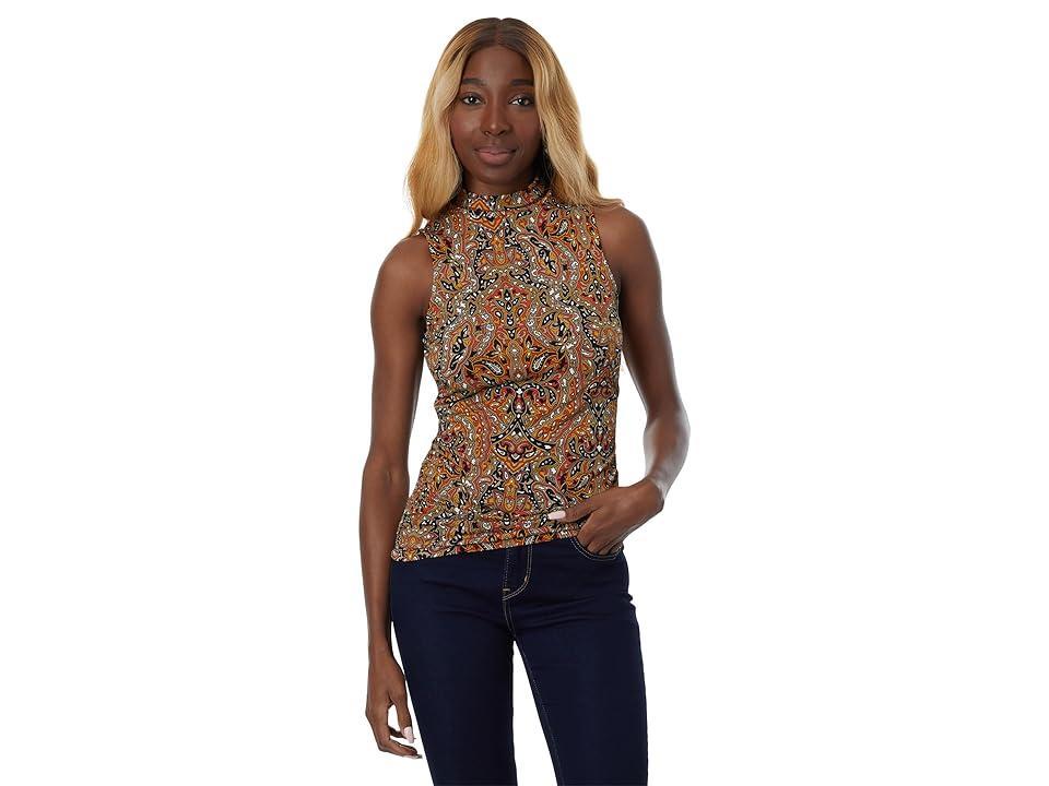 MICHAEL Michael Kors Paisley Ruched Mock Neck Top (Bright Terracotta) Women's Clothing Product Image