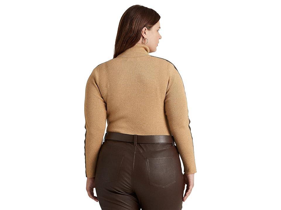 Lauren Ralph Lauren Plus-Size Faux-Leather-Trim Turtleneck Sweater (Classic Camel Heather/Chocolate) Women's Clothing product image