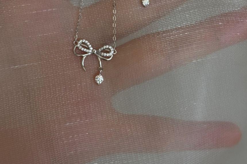 Bow Rhinestone Pendant Sterling Silver Necklace Product Image