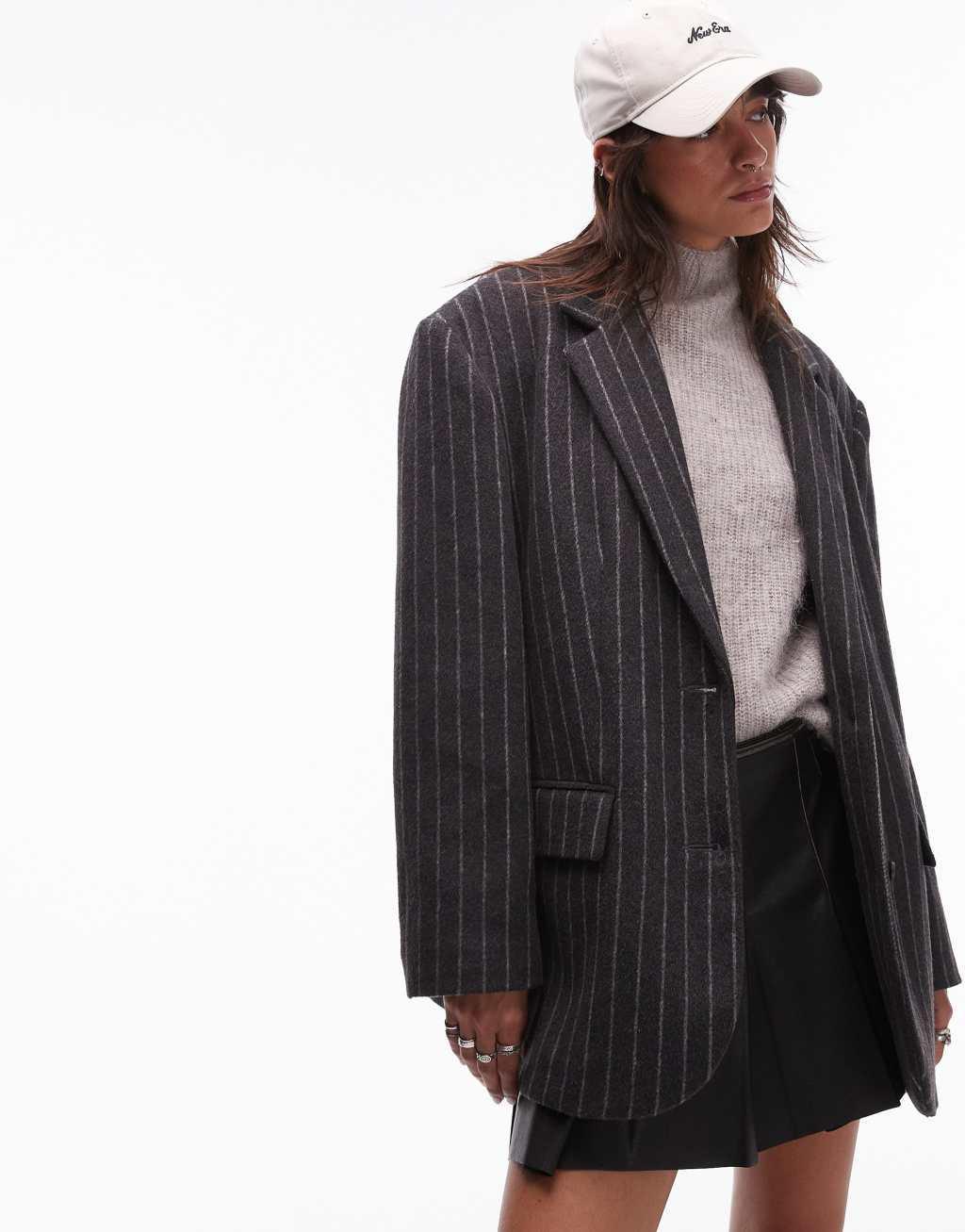 Topshop brushed wool look pinstripe blazer coat in charcoal product image