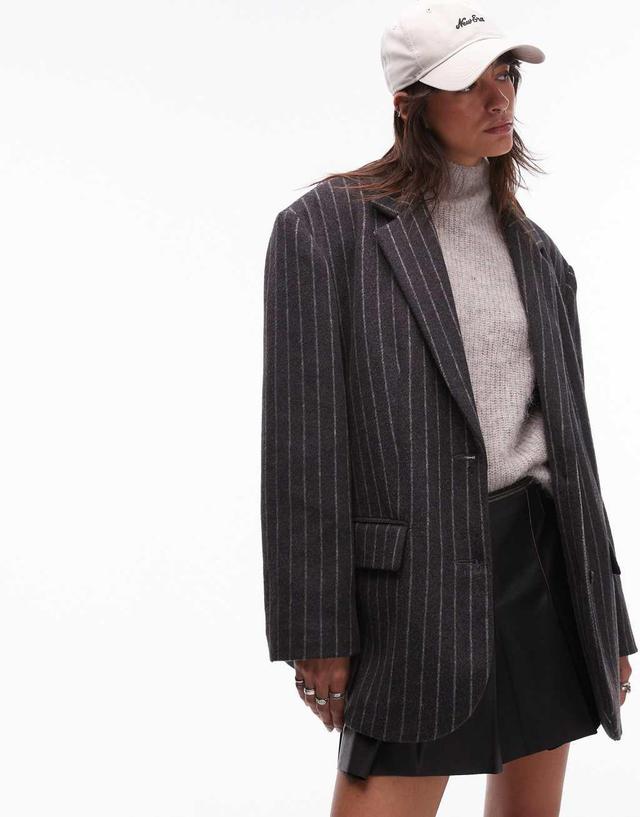 Topshop brushed wool look pinstripe blazer coat in charcoal Product Image