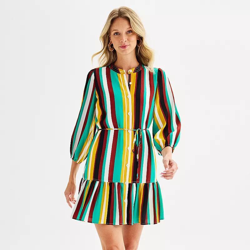 Womens Nine West Long Sleeve Belted Mini Dress Blue Nusonora Stripe Product Image