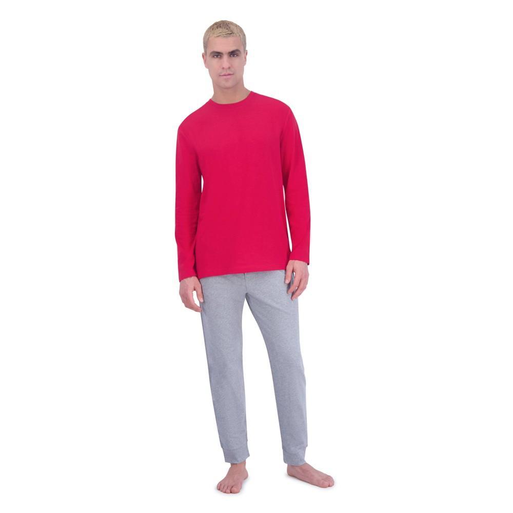 Hanes Originals Mens 2pc Super Soft French Terry Joggers + Long Sleeve Slub Crewneck Sleep Pajama Set - Red/Heathered Gray XL Product Image