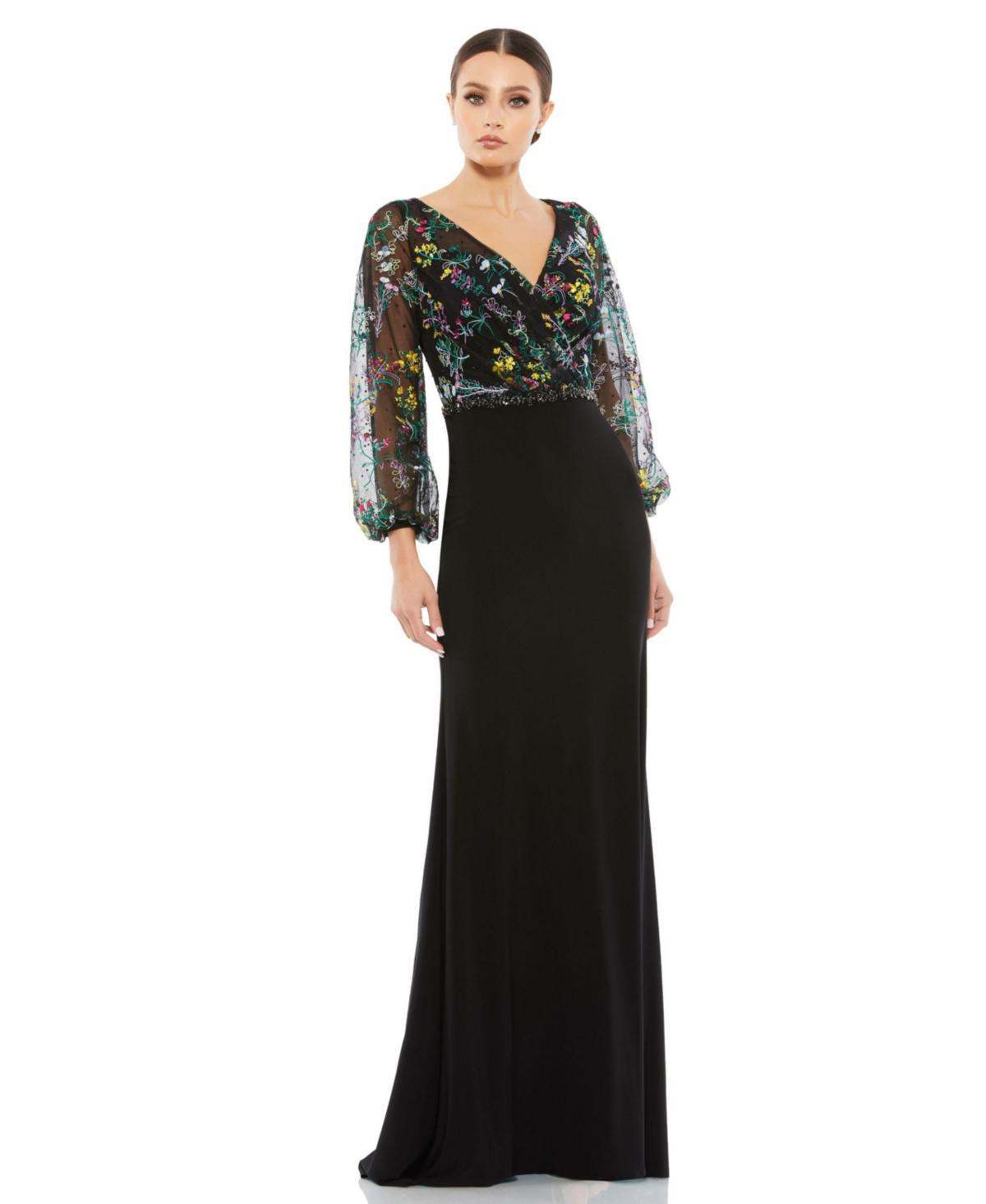 Mac Duggal Womens Embroidered Illusion Puff Sleeve Column Gown Product Image