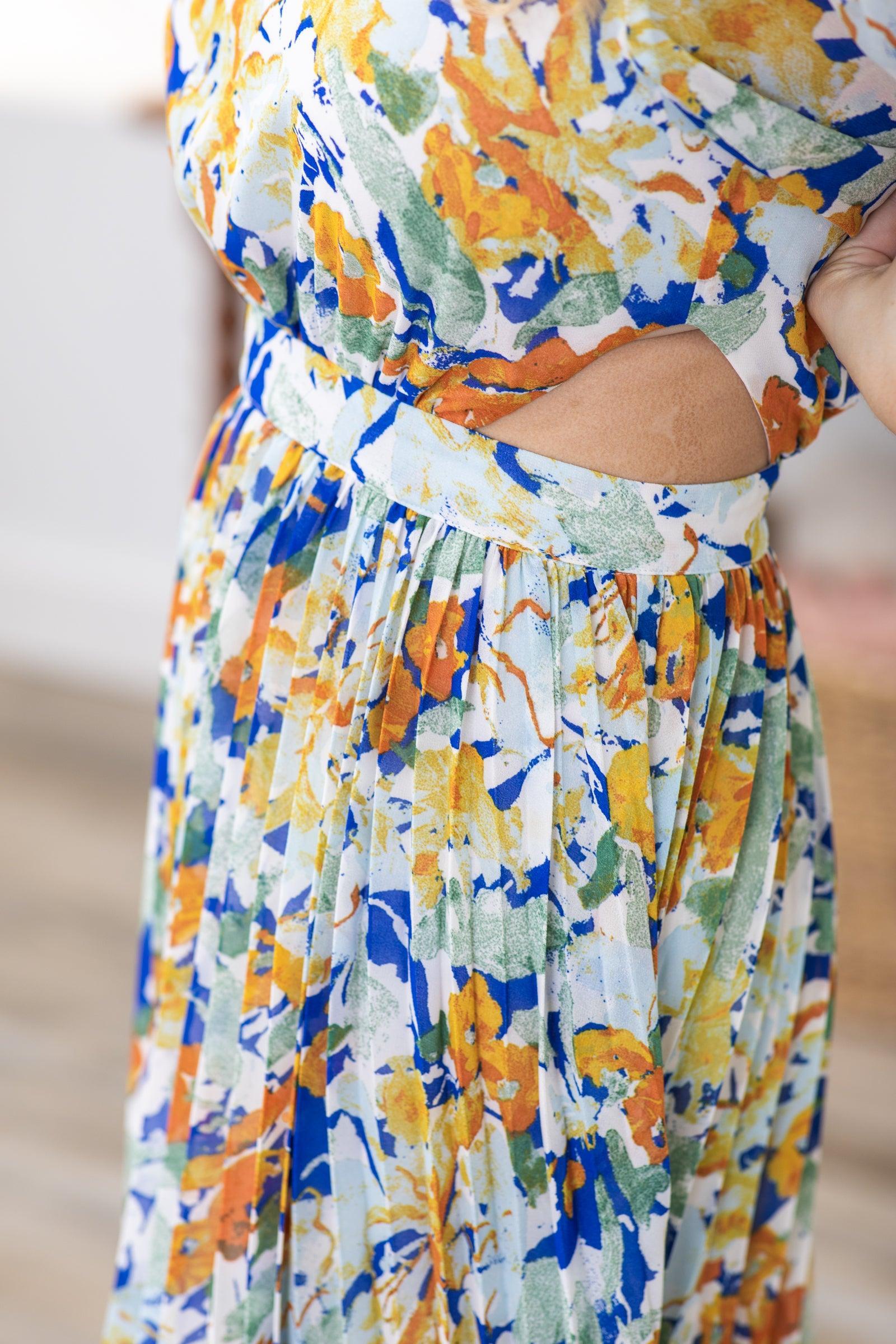 Orange Short Sleeve Floral Midi Dress Product Image