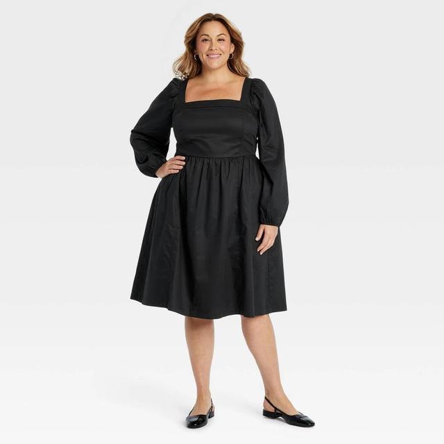 Womens Balloon Long Sleeve Woven Midi A-Line Dress - Ava & Viv Black XXL Product Image