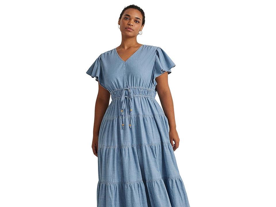 LAUREN Ralph Lauren Plus-Size Chambray Tiered Maxidress (Isla Wash) Women's Dress Product Image