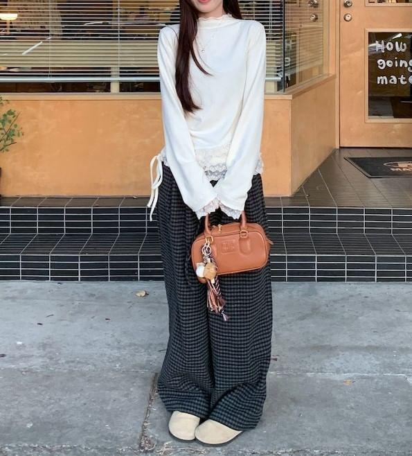 Long-Sleeve Mock Neck Plain Drawstring Lace Trim Slim Fit T-Shirt / Drawstring Waist Plaid Wide Leg Pants Product Image