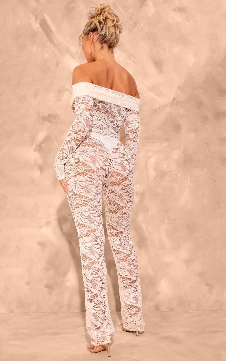 White Lace Foldover Bardot Long Sleeve Jumpsuit Product Image