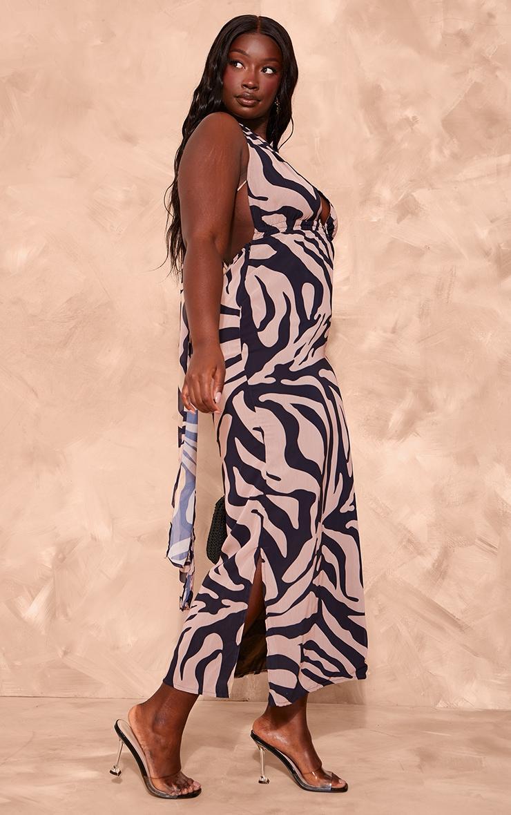 Plus Stone Zebra Printed Chiffon Halterneck Maxi Dress Product Image