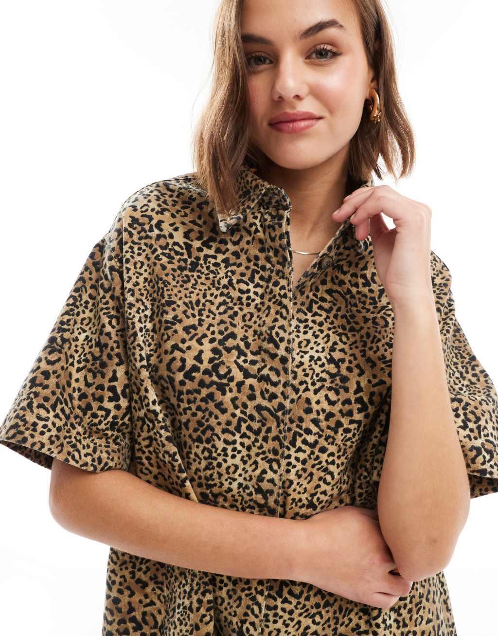 ASOS DESIGN denim short sleeve shirt dress in leopard print Product Image