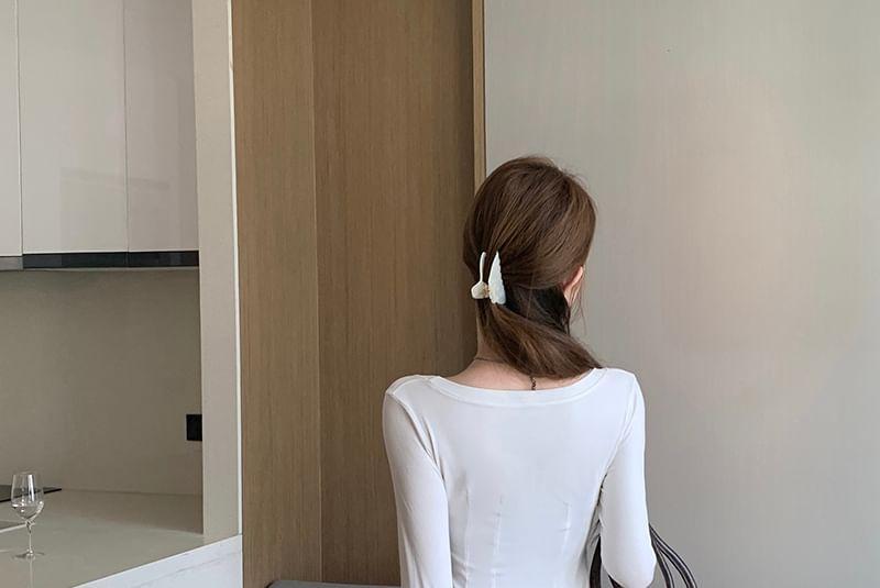 Long-Sleeve Square Neck Plain Bow Ruffle Trim Crop Slim Fit Tee Product Image