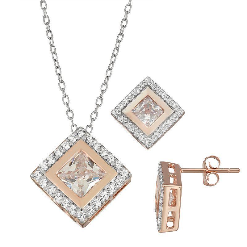 Sterling Silver Cubic Zirconia Square Pendant & Earring Set, Womens Silvertone Product Image