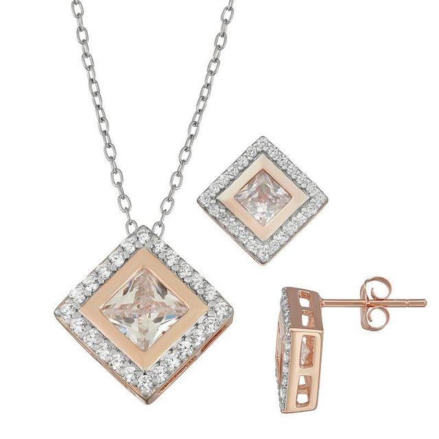 Sterling Silver Cubic Zirconia Square Pendant & Earring Set, Womens Silvertone Product Image