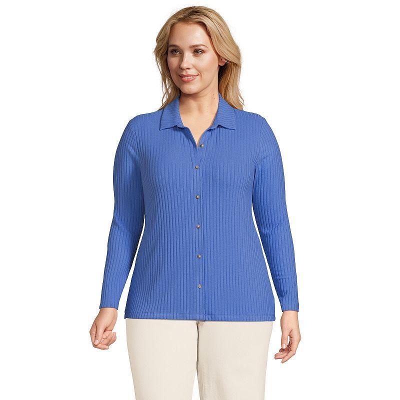 Plus Size Lands End Long Sleeve Wide Rib Button Front Polo Shirt, Womens Dark Blue Product Image