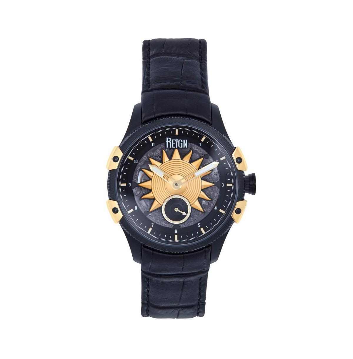 Reign Men Solstice Automatic Semi-Skeleton Leather Strap Watch - Black/Gold - Black/gold Product Image