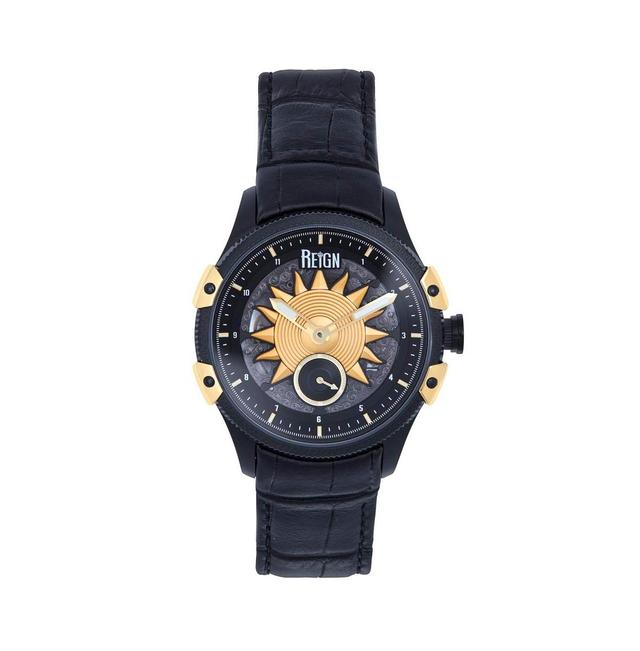 Reign Men Solstice Automatic Semi-Skeleton Leather Strap Watch - Black/Gold - Black/gold Product Image